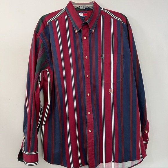 Vintage Tommy Hilfiger red blue stripes casual button shirt cotton long sleeve - Picture 7 of 13